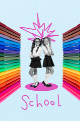 Image pop creative art collage of two happy classmates schoolgirls stand together colorful felt-pen...