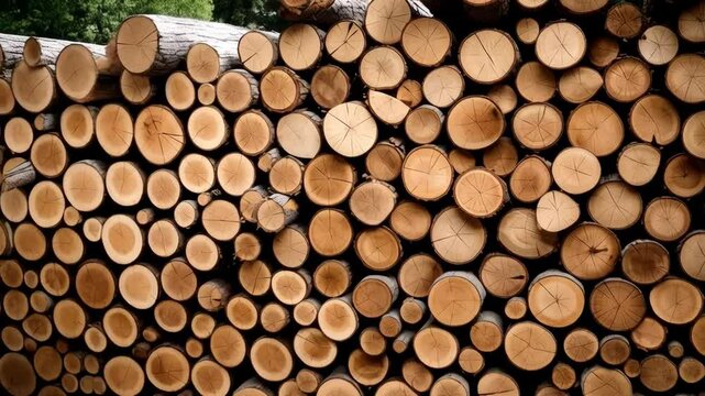 Pile of freshly cut firewood logs stacked creating pattern with visible tree rings and wood texture.