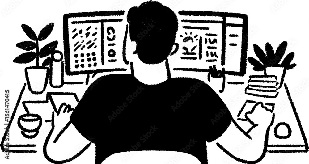 Poster motion designer editing frames on dual monitors in creative workspace sketch
