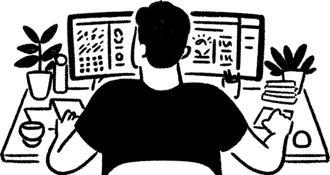 Motion designer editing frames on dual monitors in creative workspace sketch