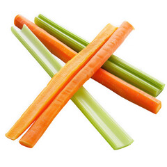 Fresh carrot and celery sticks arranged in an x shape isolated on transparent background