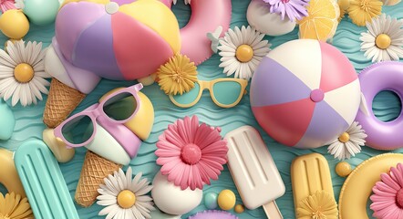Vibrant summer illustration filled with beach balls, sunglasses, ice cream, popsicles, float rings, and flowers, perfect for travel promos and holiday banners. High quality