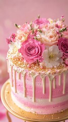 A beautiful cake. Birthday cake with chocolate and strawberries. Cake with pink and gold flowers. Colorful and Delicious Birthday cake. Happy Mother' Day. Valentine Day. Happy Birthday. Happy Wedding 