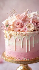A beautiful cake. Birthday cake with chocolate and strawberries. Cake with pink and gold flowers. Colorful and Delicious Birthday cake. Happy Mother' Day. Valentine Day. Happy Birthday. Happy Wedding 