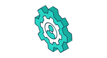 Obraz premium Isometric illustration of a teal gear with a person icon inside, symbolizing human resources or personnel management.