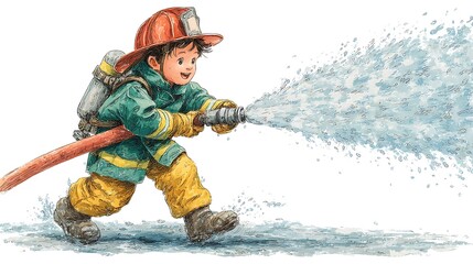 Naklejka premium Little Firefighter Water Hose Action Illustration