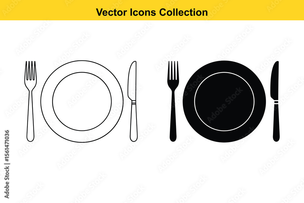 Poster simple vector icons of a plate fork and knife in outline and solid black styles