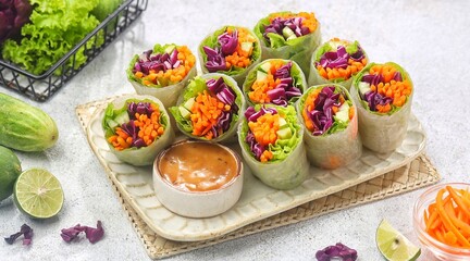 Vietnam Spring Roll. Vietnamese spring rolls, summer spring rolls, or salad spring rolls, a traditional dish in Vietnamese cuisine consisting of pork, shrimp, vegetables, bún, and other ingredients wr