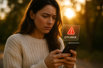 Young woman holding receiving digital error message for incorrect OTP entry, symbolizing secure login failure and mobile verification issues, OTP error, mobile verification, login failure, incorrect 
