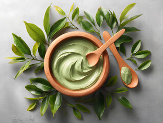 Matcha clay facial mask in a wooden bowl.