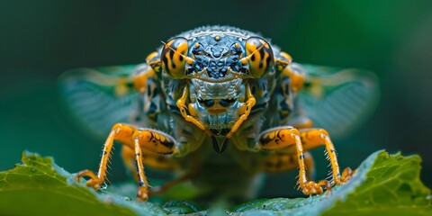 Fototapeta premium A cicada sits on a green leaf, showcasing its intricate details in a macro shot
