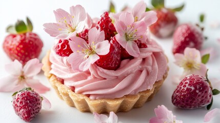 A small tart with pink cream and fresh strawberries. Ice cream strawberries. Delicious food. Sweet food. Delectable dessert. cake strawberries with cherry blossoms Food photography