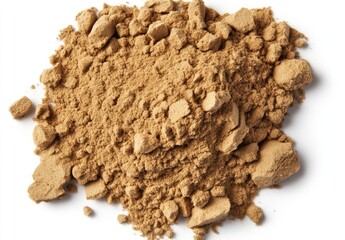 Pile of light brown powder on white background