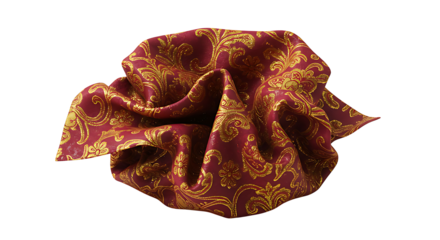 Sumptuous red and gold fabric with ornate floral damask design sits against a transparent background, ideal for designs.