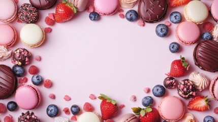 Colorful flowers and macaron. Colorful macarons. Frame made of sweets, chocolate, fruit, macarons, strawberries, blueberries, cherries, and ice cream. Macarons background. Copy space