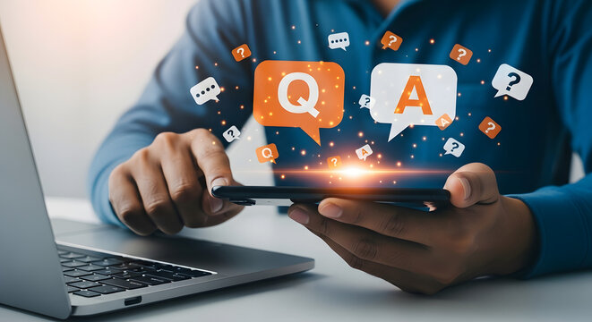 Man using smartphone with Q&A icons and speech bubbles, symbolizing online support, customer service, or interactive learning. - Powered by Adobe