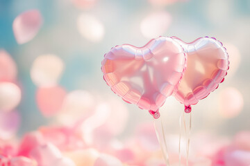 A pair of glossy pink heart shaped balloons gently floating in front of a soft focus background filled with delicate pink rose petals. Concept of love, valentine, celebration, and romantic expression.