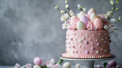 Easter-themed cake. Small Easter eggs on top of the cake. Easter cake decorations. Colorful and Delicious Birthday cake. Beautiful cake. Valentine Day. Happy Birthday. Happy Wedding