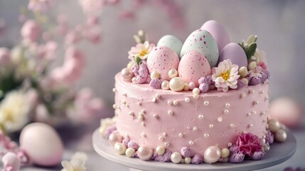 Easter-themed cake. Small Easter eggs on top of the cake. Easter cake decorations. Colorful and Delicious Birthday cake. Beautiful cake. Valentine Day. Happy Birthday. Happy Wedding