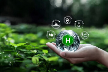 Crystal globe with Clean hydrogen energy concept and H2 for Sustainable Environment. eco-friendly industry and Climate.alternative energy in future for net-zero and Reducing greenhouse gas emissions