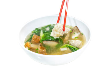 Top view of Dumpling water or wonton soup, focus selective