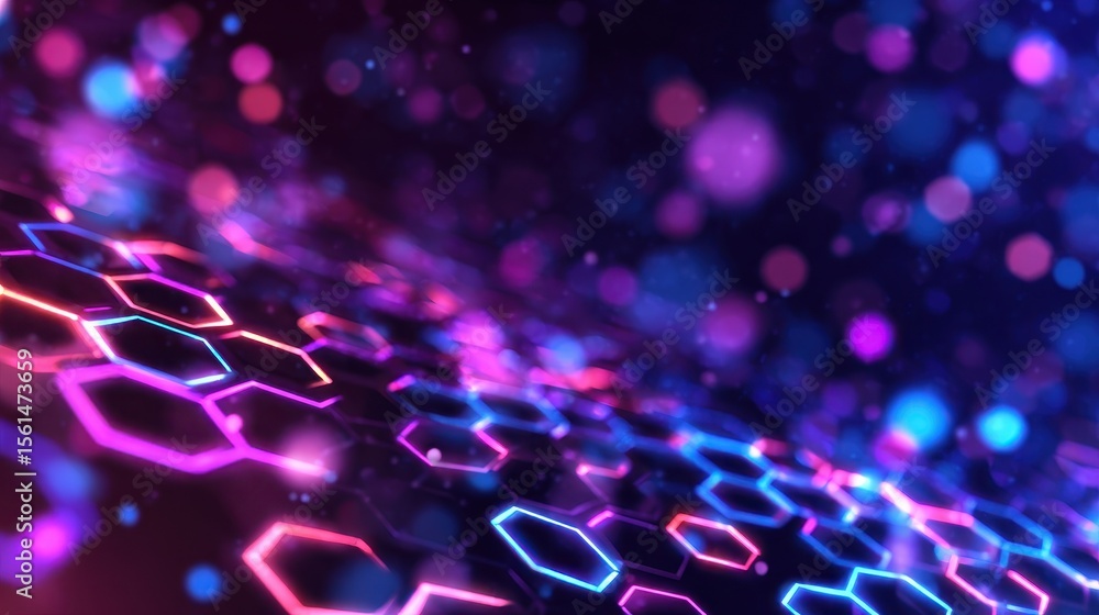 Poster colorful hexagonal patterns with glowing edges and vibrant bokeh effects in a digital space