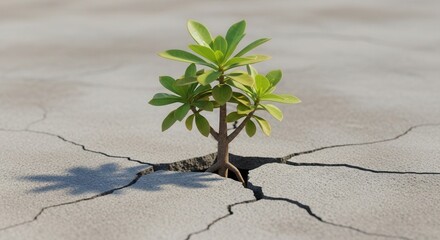 A single green sapling plant shoot sprouting through a crack in dry gray concrete ground symbolizing hope resilience and new life concept