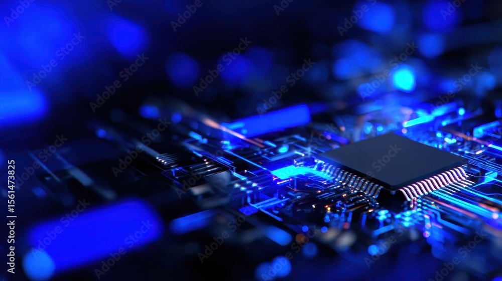 Aufkleber close-up view of a computer circuit board with glowing blue lights and intricate details