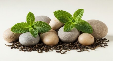 Green sprouts growing between a line of smooth white zen spa stones with scattered dried tea leaves for wellness and harmony on white