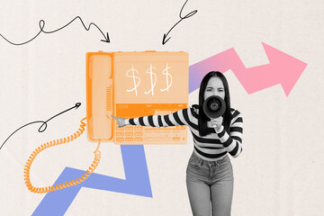 Banner 3d image pop collage of puzzled employee girl scream megaphone point telephone handset...