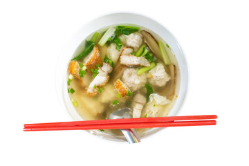 Top view of Dumpling water or wonton soup, focus selective