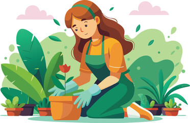 Woman gardening and planting flowers in pots with care and love