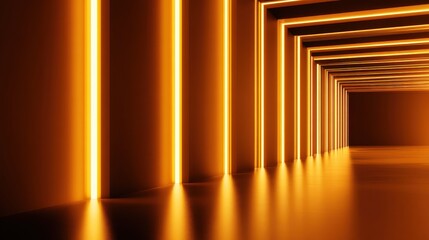 Modern interior with illuminated orange lines creating a vibrant atmosphere in a spacious corridor