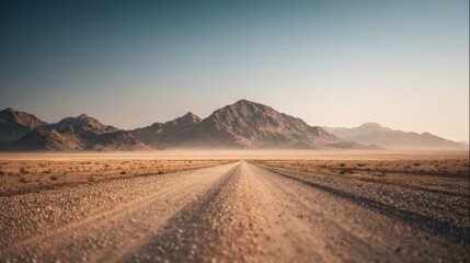 Vast desert landscape with mountains and long dirt road under clear sky.