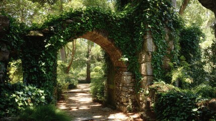 Ancient stone archway covered with lush greenery and surrounded by dense forest.