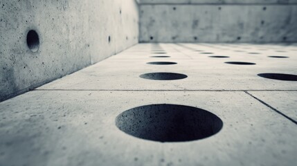 Modern minimalist architecture outdoor concrete surface with circular holes design.