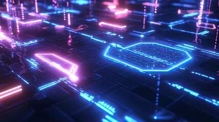 Neon Tech Grid with Glowing Blue and Pink Circuit Elements


