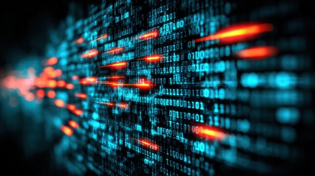 Vibrant Digital Data Stream with Glowing Binary Code and High Tech Visuals. - Powered by Adobe