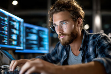 Young man coding in a modern workspace with multiple computer screens at night