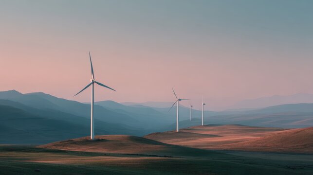 Scenic landscape featuring rolling fields wind turbines mountains under pastel sky during sunset. - Powered by Adobe
