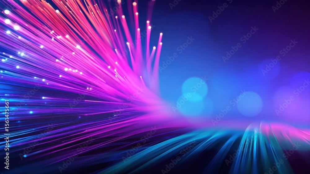 Poster vibrant abstract representation of flowing light trails with bokeh effects in a digital space