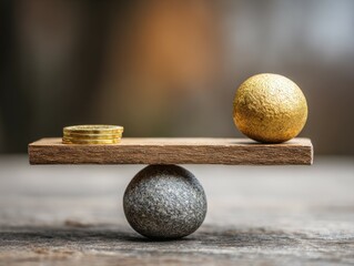 Balancing wealth gold and silver coins on a wooden plank close-up natural light symbolizing value