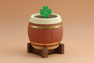 Plant growth action with four-leaf clover in wooden barrel studio setting 3d rendering creative concept
