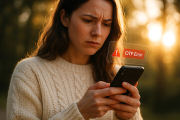 Young woman holding receiving digital error message for incorrect OTP entry, symbolizing secure login failure and mobile verification issues, OTP error, mobile verification, login failure, incorrect 

