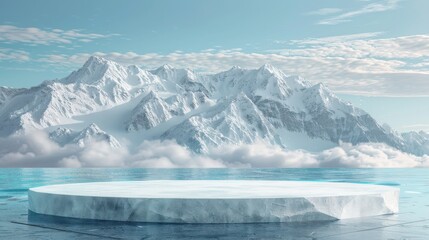 Frost Covered Podium Displaying Outdoor Gear on Arctic Sea with Snowy Mountain Backdrop