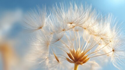 Close-up of a detailed dandelion seed head with soft blue sky background in natural light.