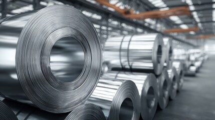 Fototapeta premium Large stainless steel coils stacked in industrial warehouse with overhead crane.