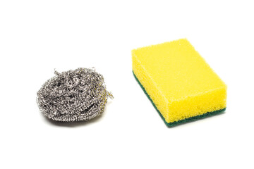 sponge and steel wool isolated on white background. kitchen cleaning or dish washing supplies.