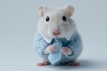adorable hamster fixing tie in studio, small animal dressed up, concept business funny