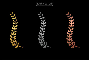 Gold award laurel wreath and set of different golden, silver, and bronze laurel wreaths vector illustration. 03